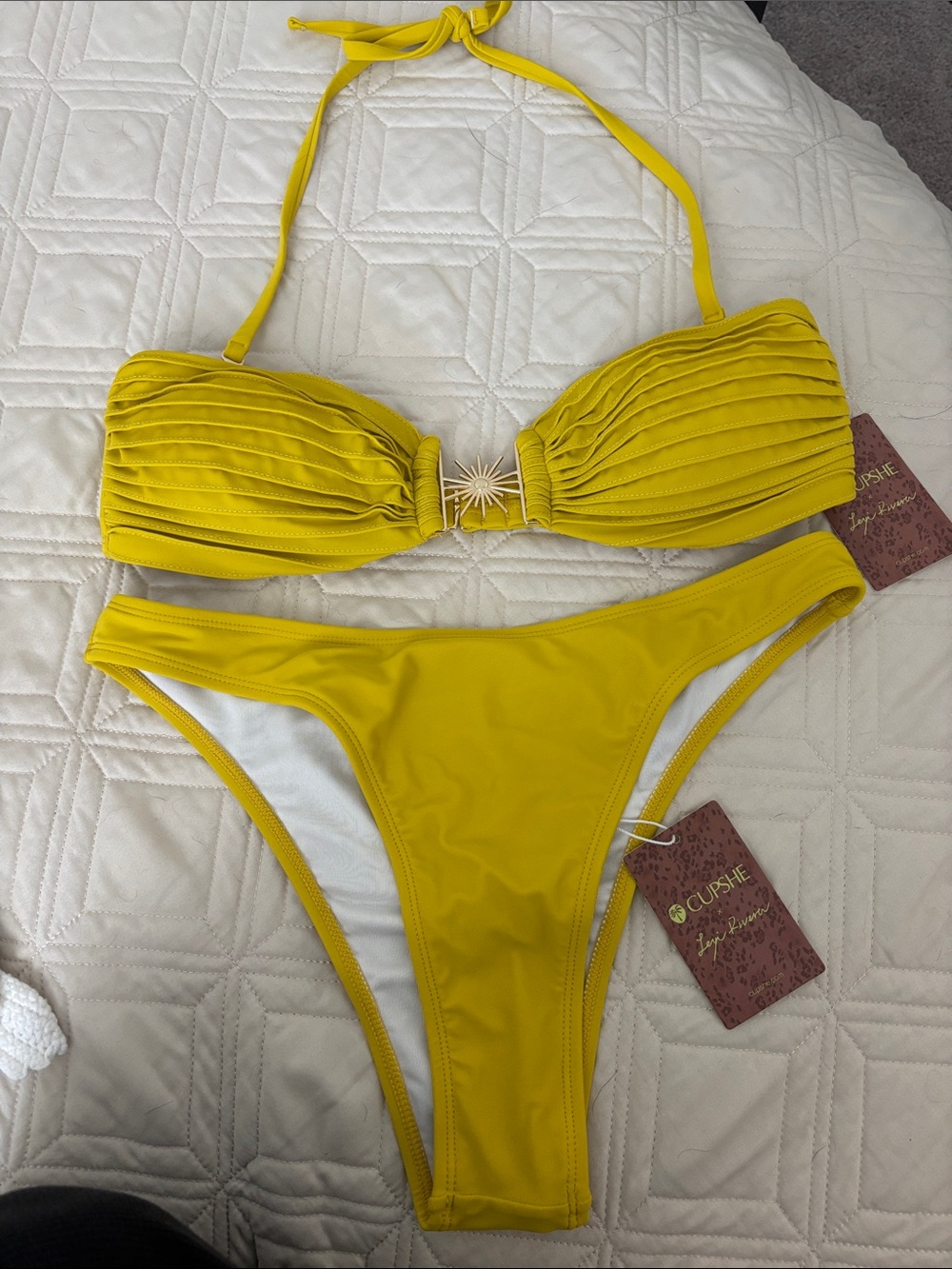 Cupshe Bright Yellow Pleated Bandeau Bikini with Star Detail